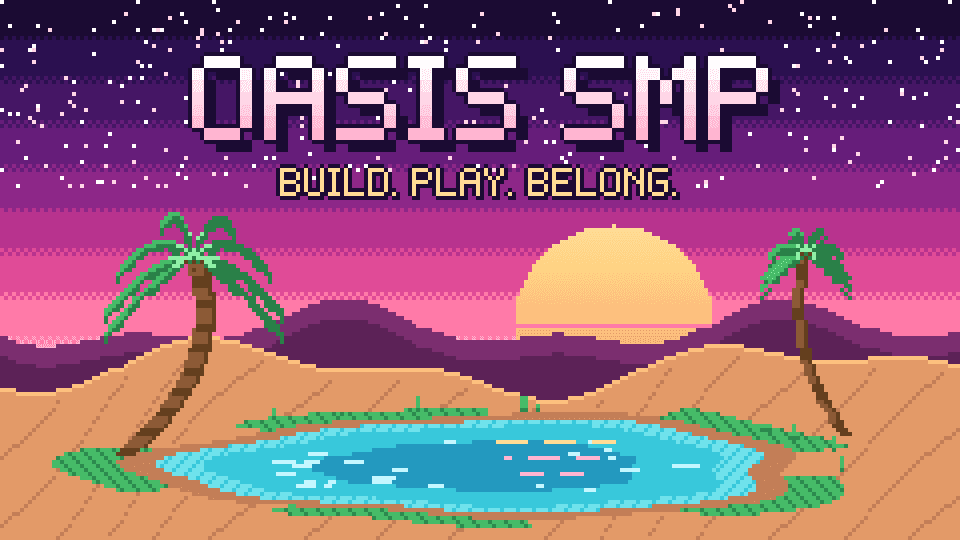 Pixel-art desert oasis at sunset with palm trees and the Oasis SMP title